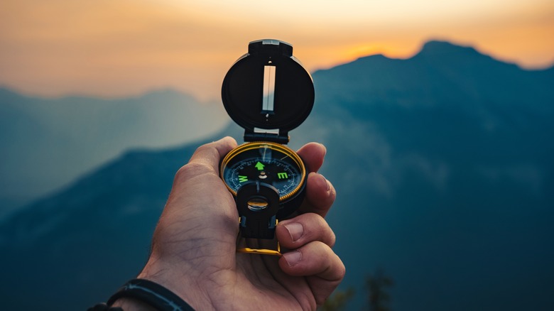 Hand holding a compass