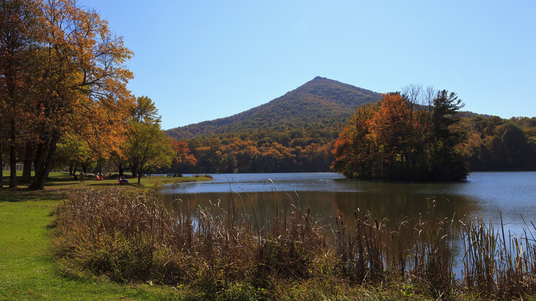 Mountain peaks overlook the town of Bedford in fall