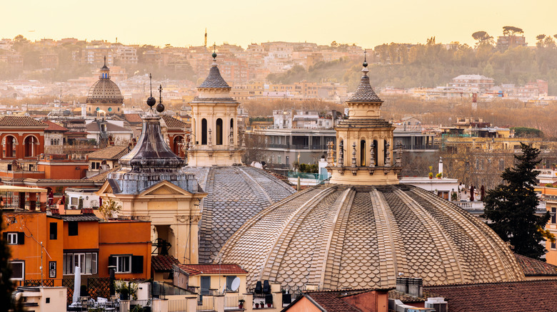 Various rooftops at sunset