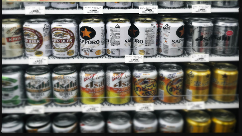 Cans of beer in the cooler at a Japanese store