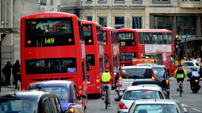 Heavy London traffic red buses