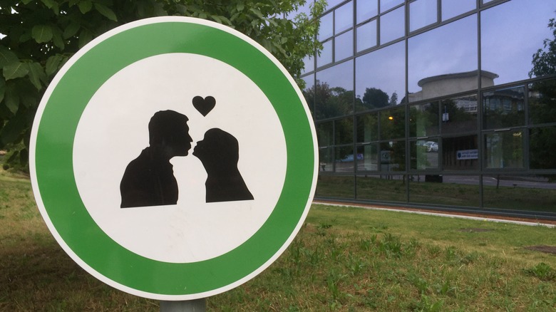A sign indicating kissing is allowed