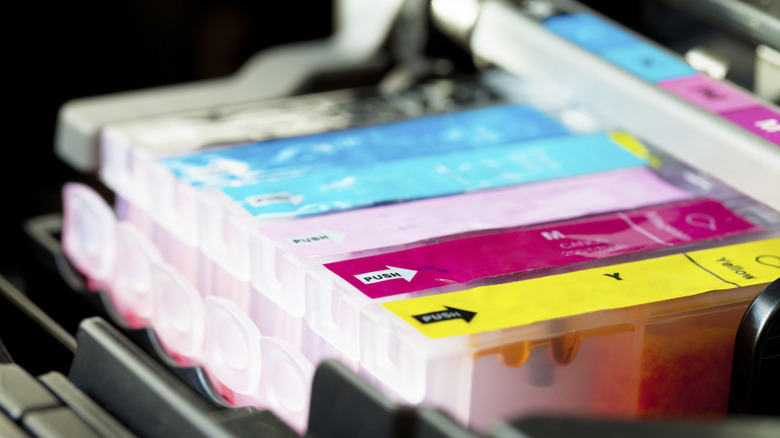 Closeup of a multicolor printer cartridge.