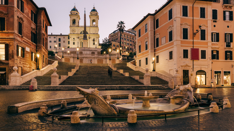 The Spanish Steps are empty at dusk.