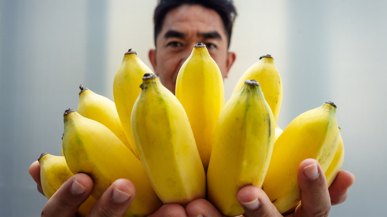 Man holds bunch of bananas