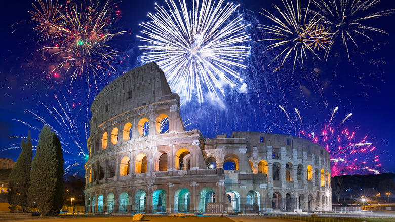 Colosseum with fireworks on New Year's Eve