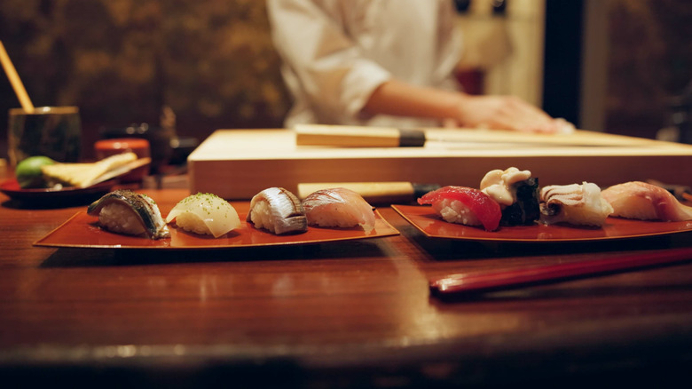 Nigiri sushi line plates at a Tokyo restaurant