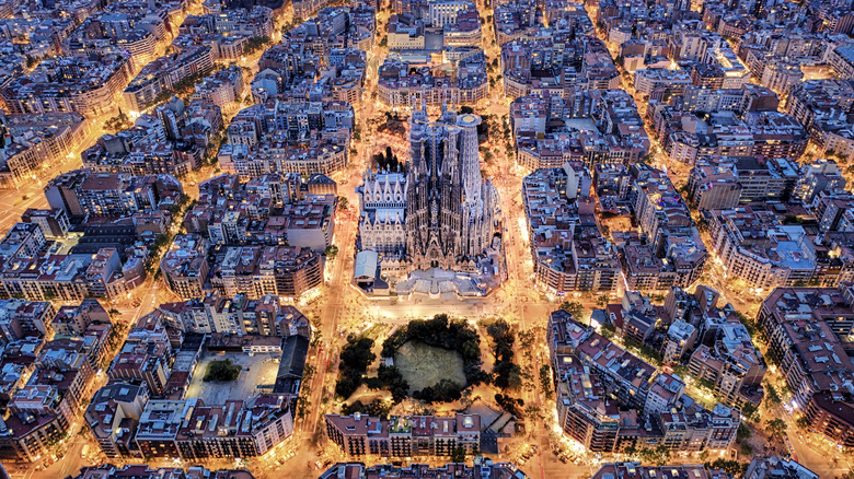 aerial nighttime view of Barcelona