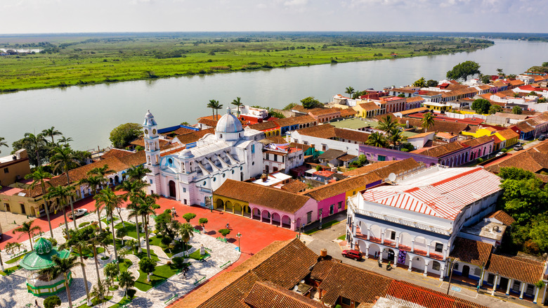 Aerial shot Spanish colonial architecture and river in Tlacotalpan, Mexico