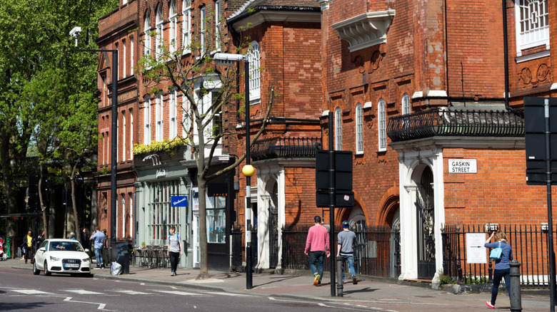 Brick buildings lining Upper Street, Islington, London