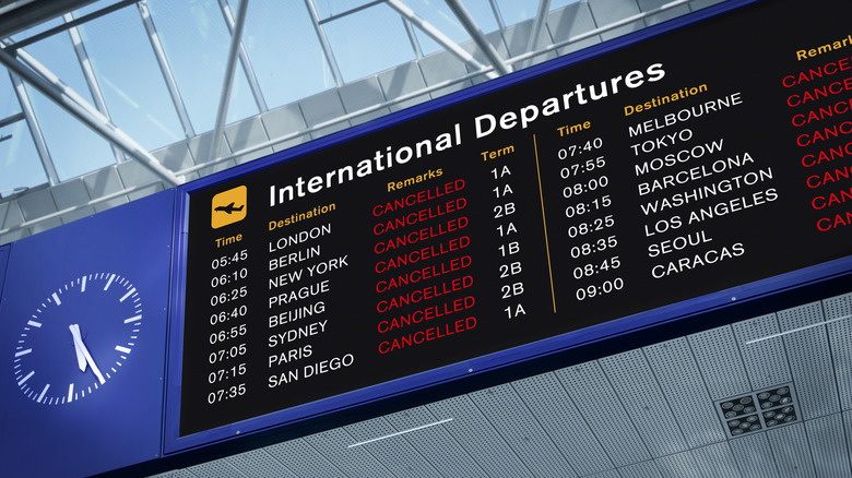 Airport flight board international departures cancelled