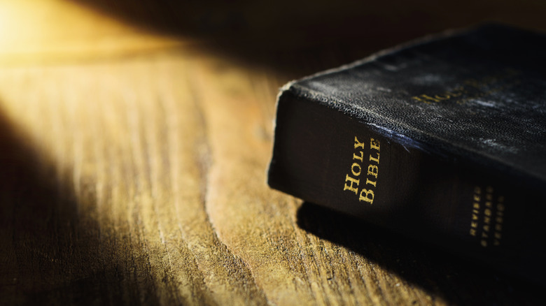 Close-up of a Bible on wooden table