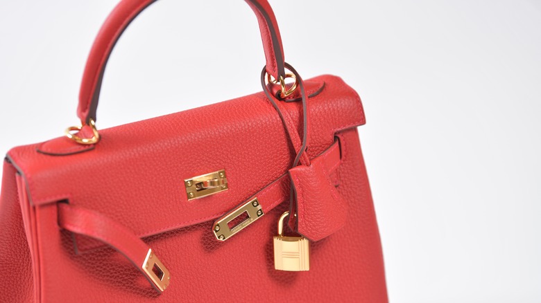 Close-up of a red Hermès Birkin bag