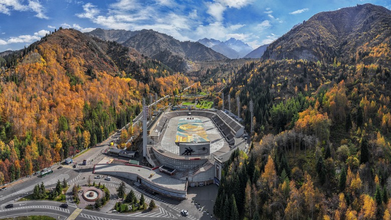 Aerial view of Medeu ice rink in Kazakhstan