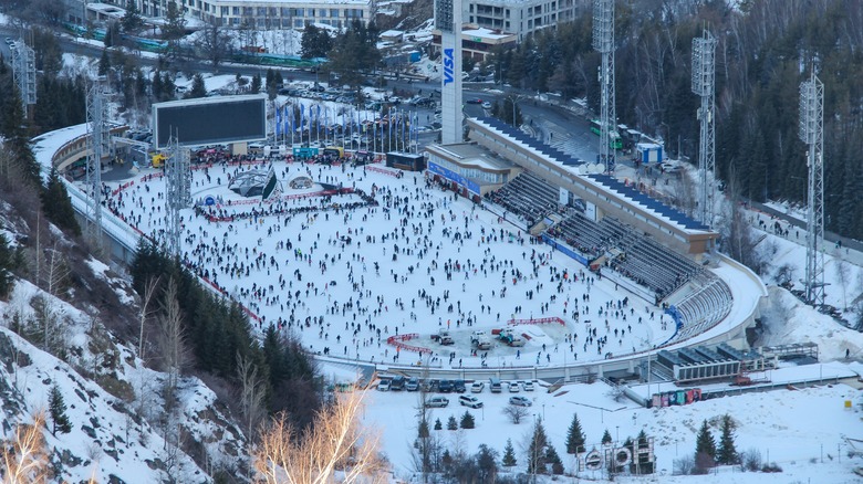 Crowds of skaters at Medeu ice rink in Kazakhstan