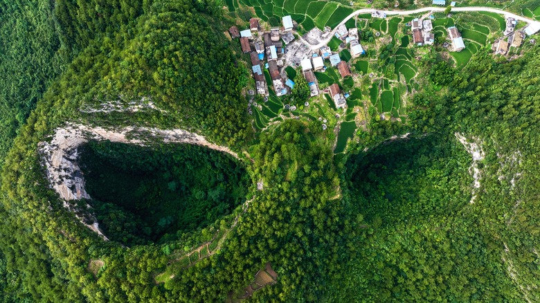 aerial view karst sinkhole china