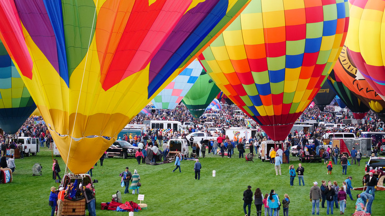 Colorful hot-air balloons people park Albuquerque