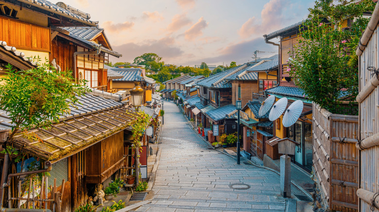 Wooden houses on empty street