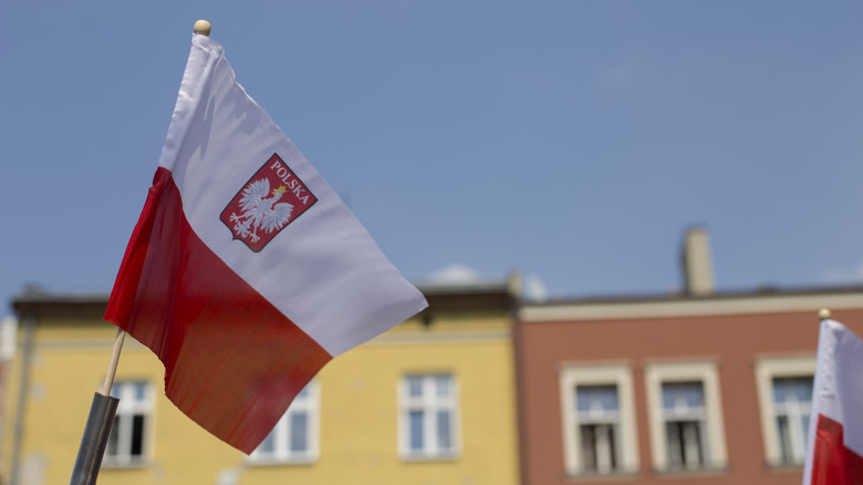 The Polish flag with buildings in the background