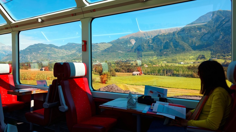 Woman viewing landscape by train