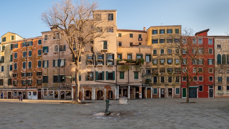 Colorful buildings and pedestrian square