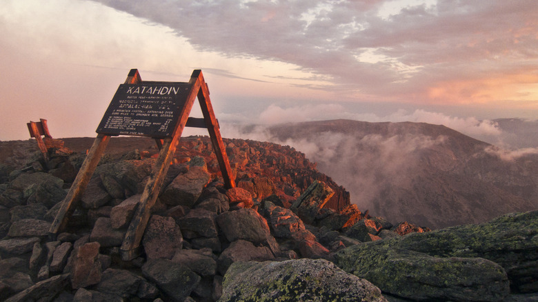 Mount Katahdin summit sign at sunrise