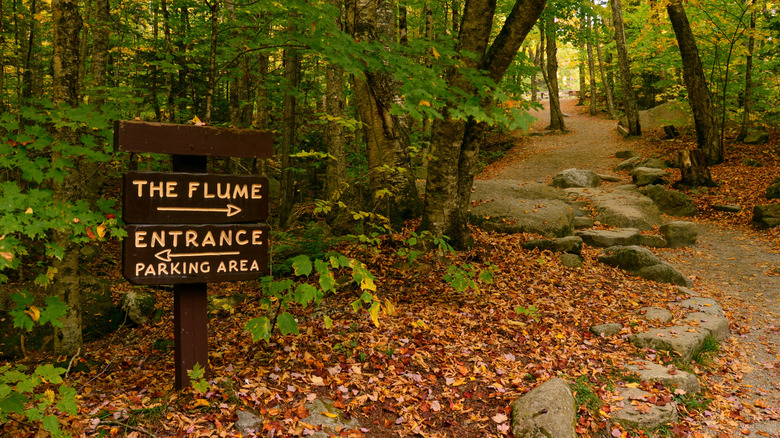 sign pointing to 'the flume' in Franconia Notch State Park