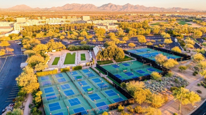 Pickleball courts at sunset