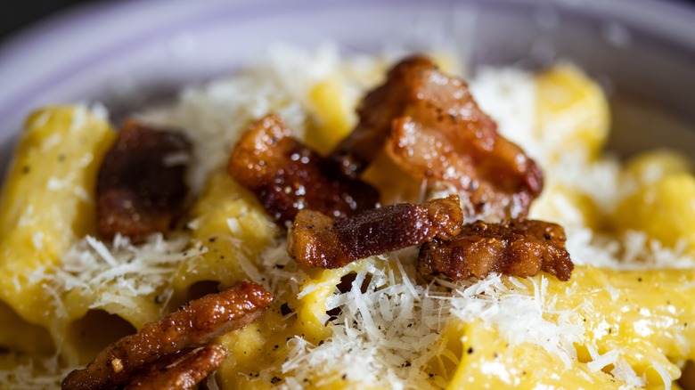 Close-up of pasta carbonara dish