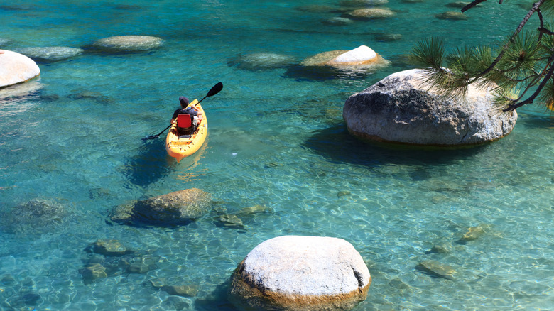 person kayaking in Lake Tahoe