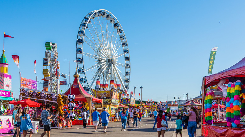 A ferris wheel and rides at a state fair