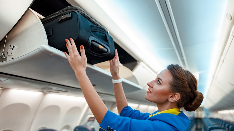 Flight attendant checking a bag
