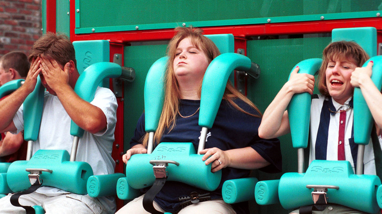 People on thrill ride at Six Flags New England