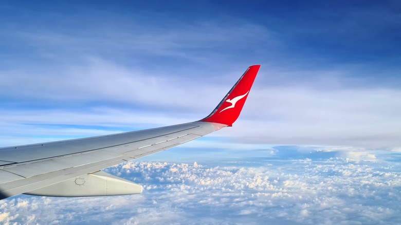Qantas airplane wing in clouds