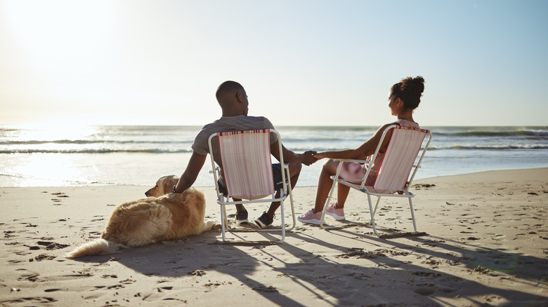 couple on beach with dog