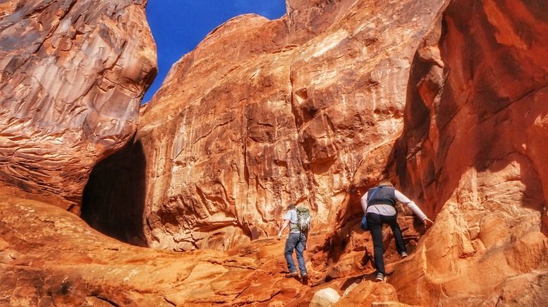 hikers traversing rocky trail