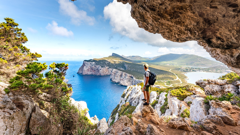 Hiker overlooking rocky bay