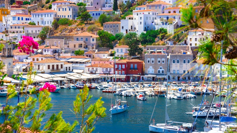 View of boats in the Hydra harbor