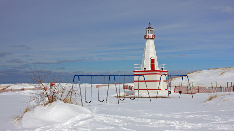 New Buffalo lighthouse in winter