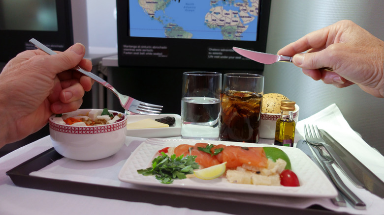 person eating salmon on airplane