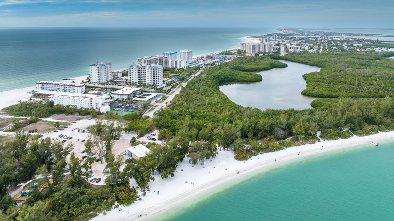 beach resorts, trees, and lagoon