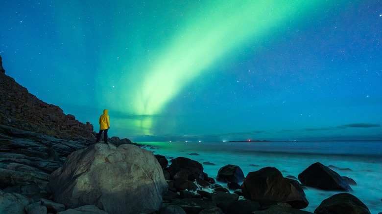 Tourist observing the Northern Lights