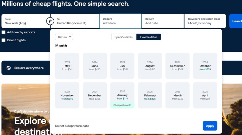 Skyscanner search engine with flight prices