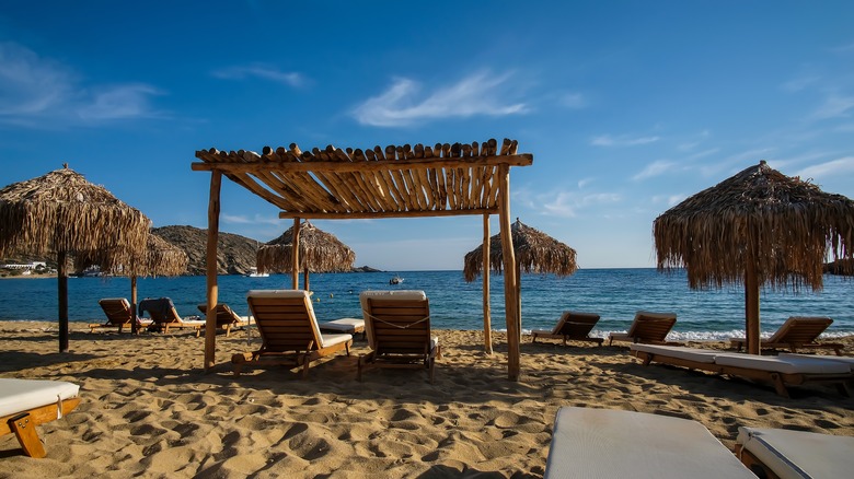 Loungers at Mylopotas beach in Ios