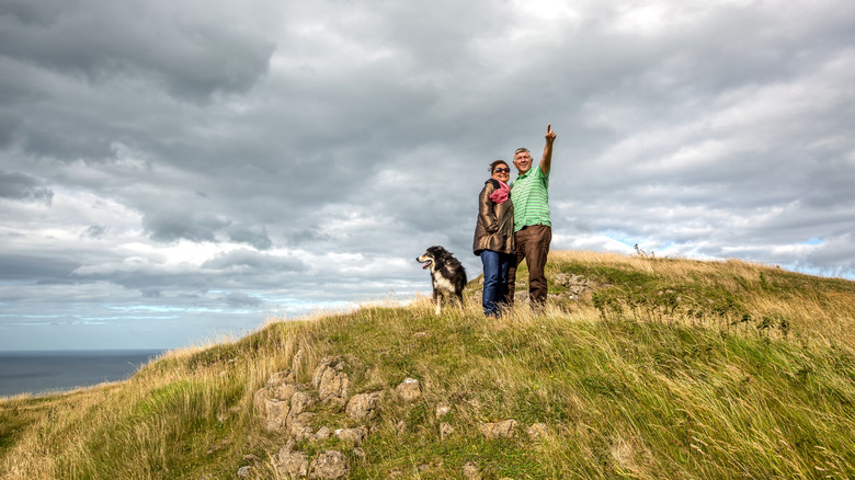 Couple walking along grasslands with dog