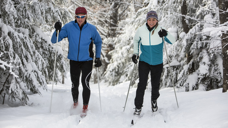 Couple cross-country skiing