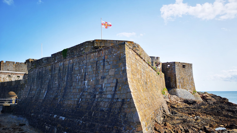 Fortified Castle Cornet with Guernsey flag