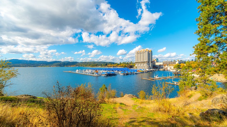 View of Lake Coeur d'Alene with buildings and boats