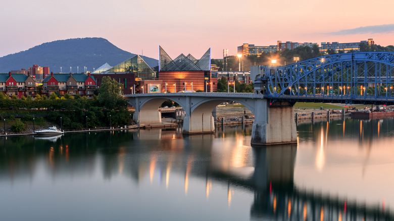 View of Tennessee Aquarium, Lookout Mountain, and bridge