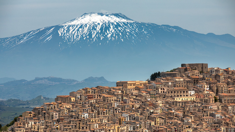 Landscape of Gangi with Mount Etna